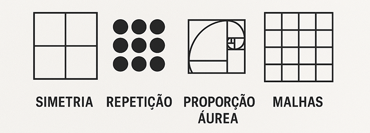 Simetria, repetição, proporção áurea e grids.